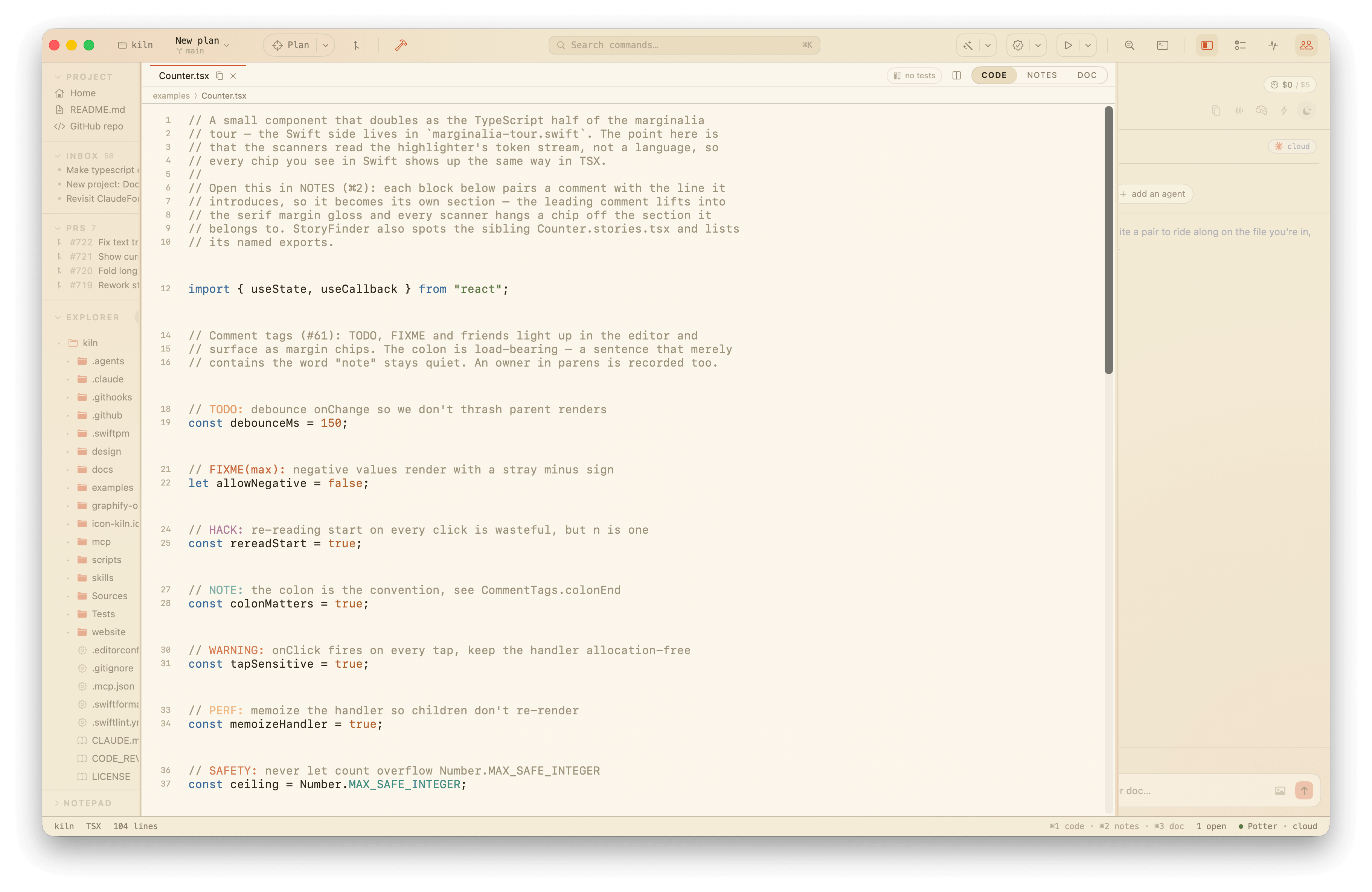 NOTES view: the file split into sections, leading comments lifted into a serif margin gloss beside the code.