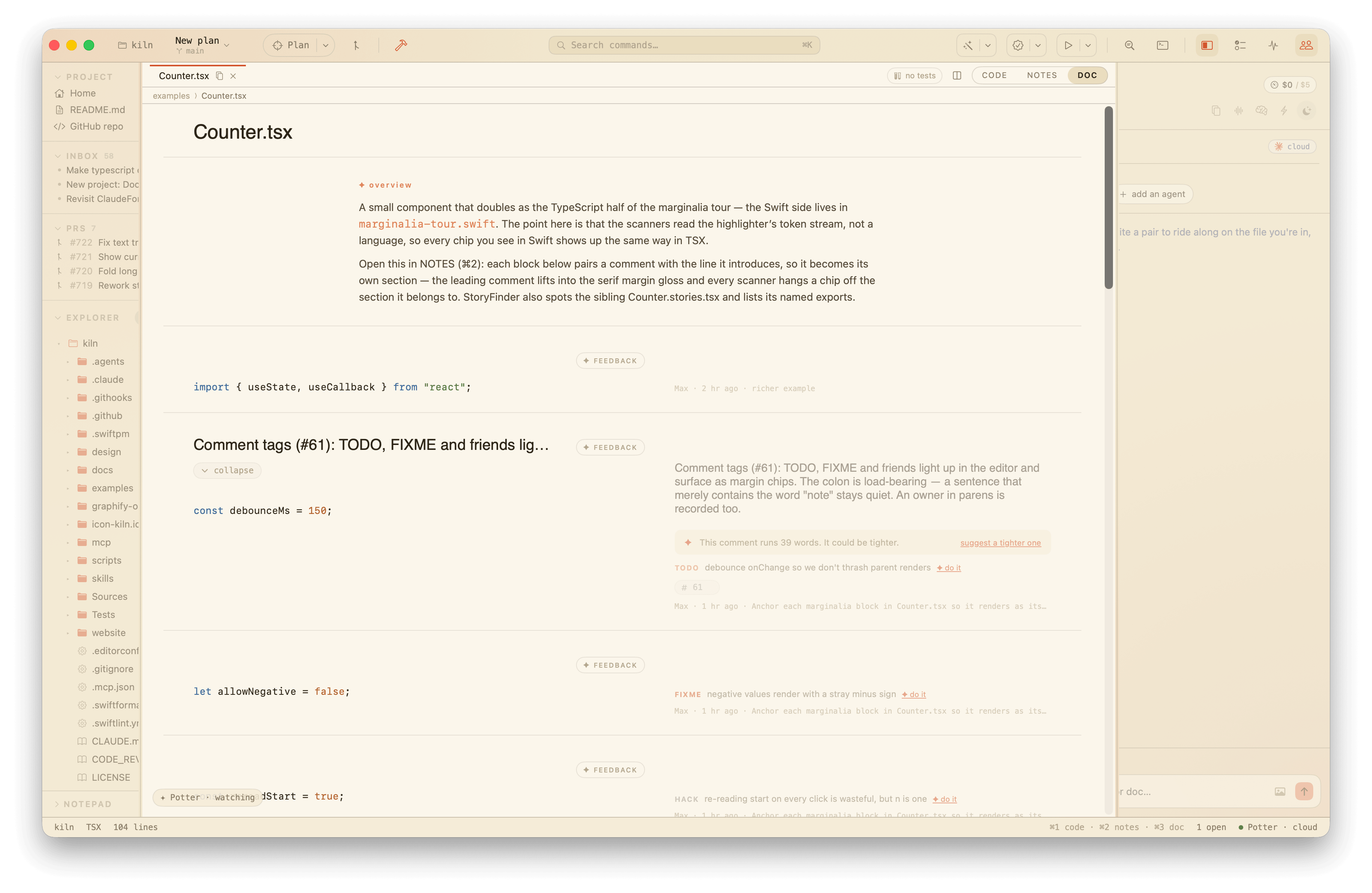 DOC view: the gutter dropped, the header doc-comment rendered as a markdown frontispiece, section titles grown into headings.