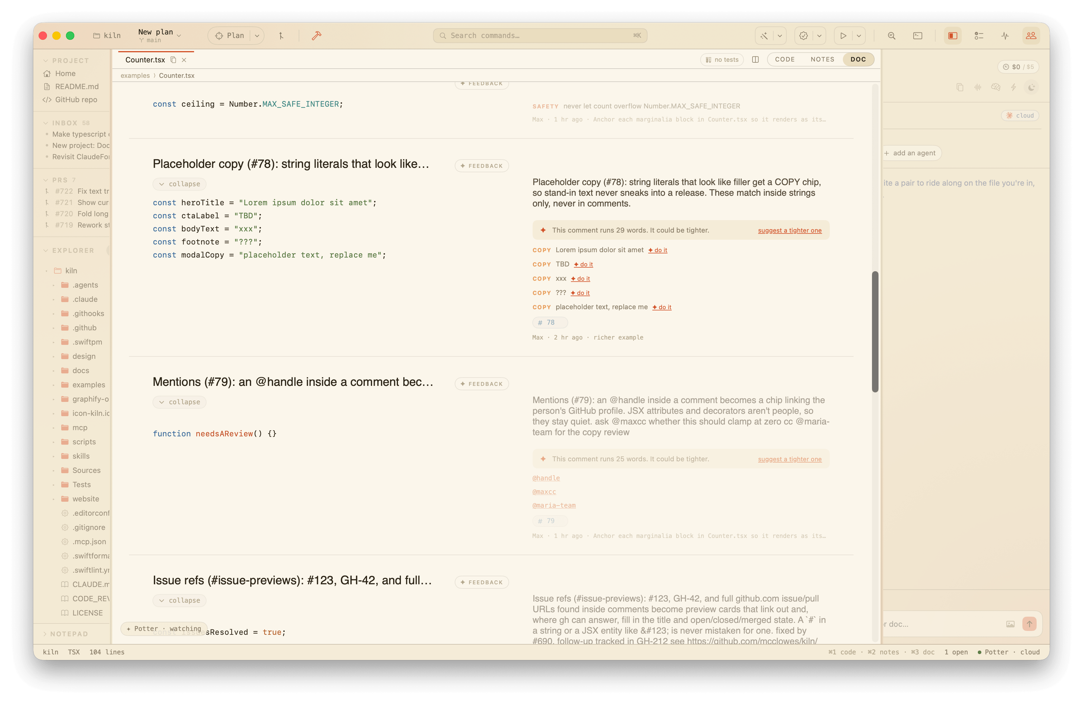 A file in DOC view with marginalia: each block's intent, comment tags, and feedback notes pinned in the right margin level with the code.