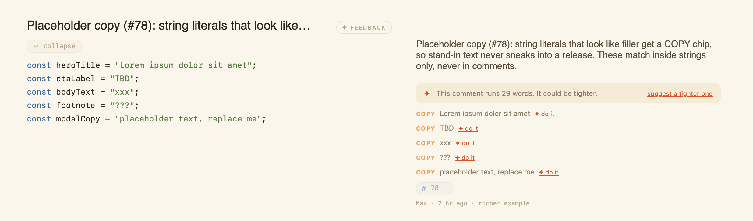 Placeholder string literals — "Lorem ipsum", "TBD", "xxx", "???" — flagged as COPY chips in the margin.