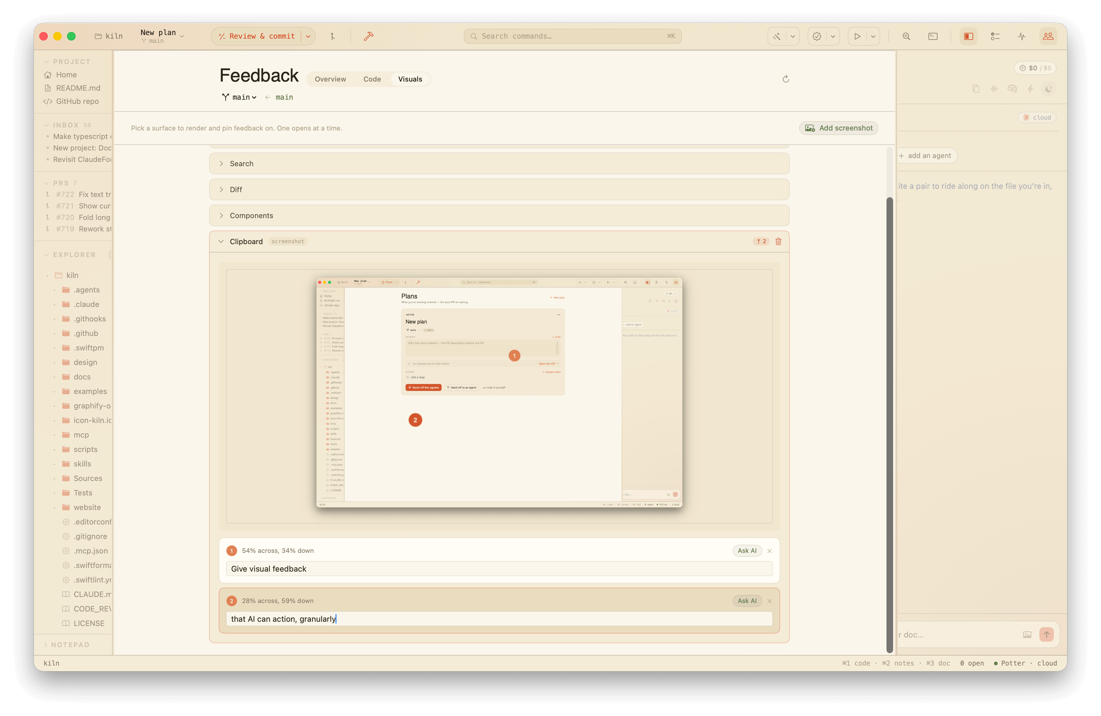 The Feedback surface on the Visuals tab: a rendered screenshot with numbered pins, each carrying a note an agent can act on.