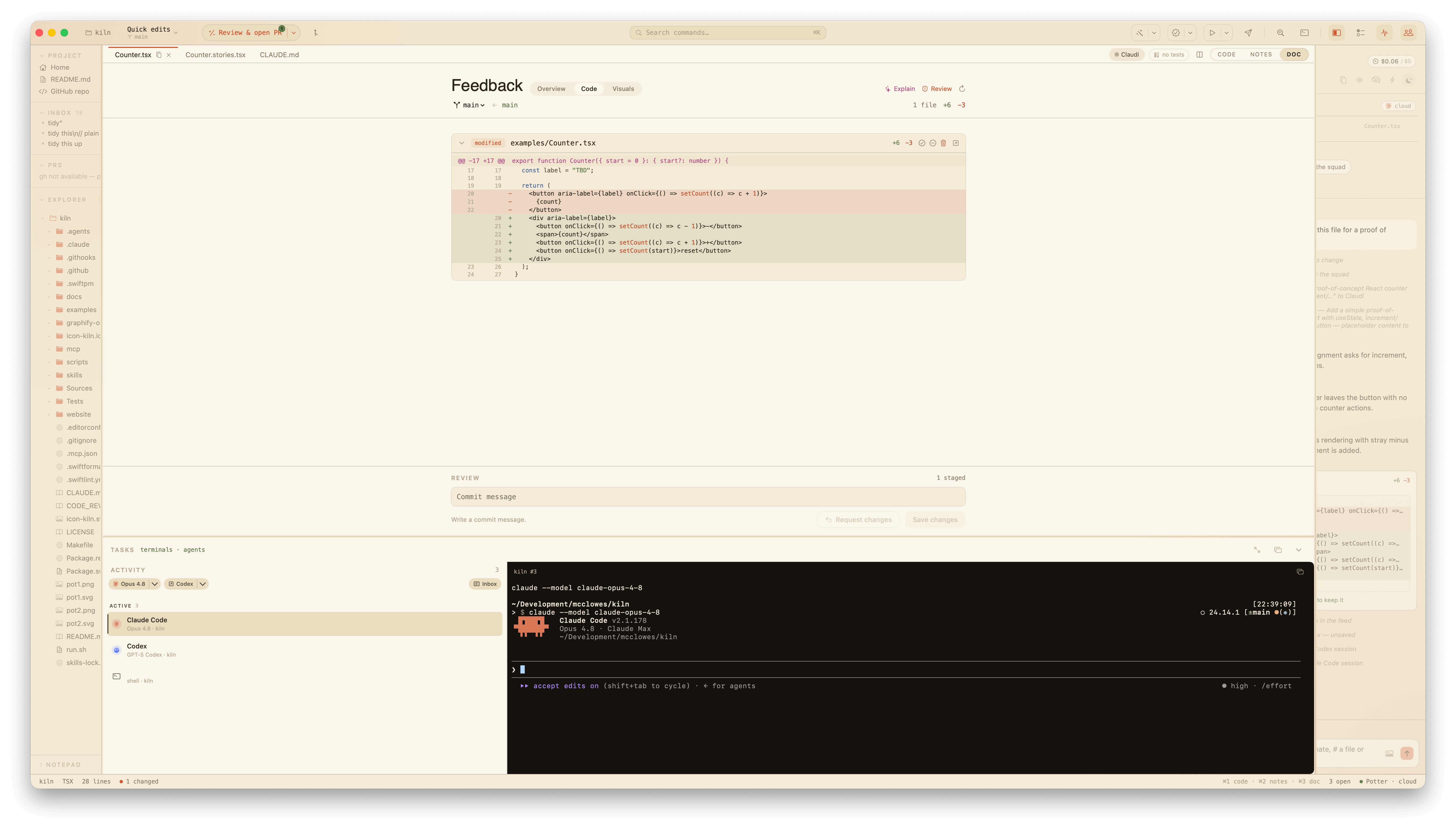 The Feedback surface on the Code tab: a syntax-highlighted diff with the review composer below and an agent working in the strip.