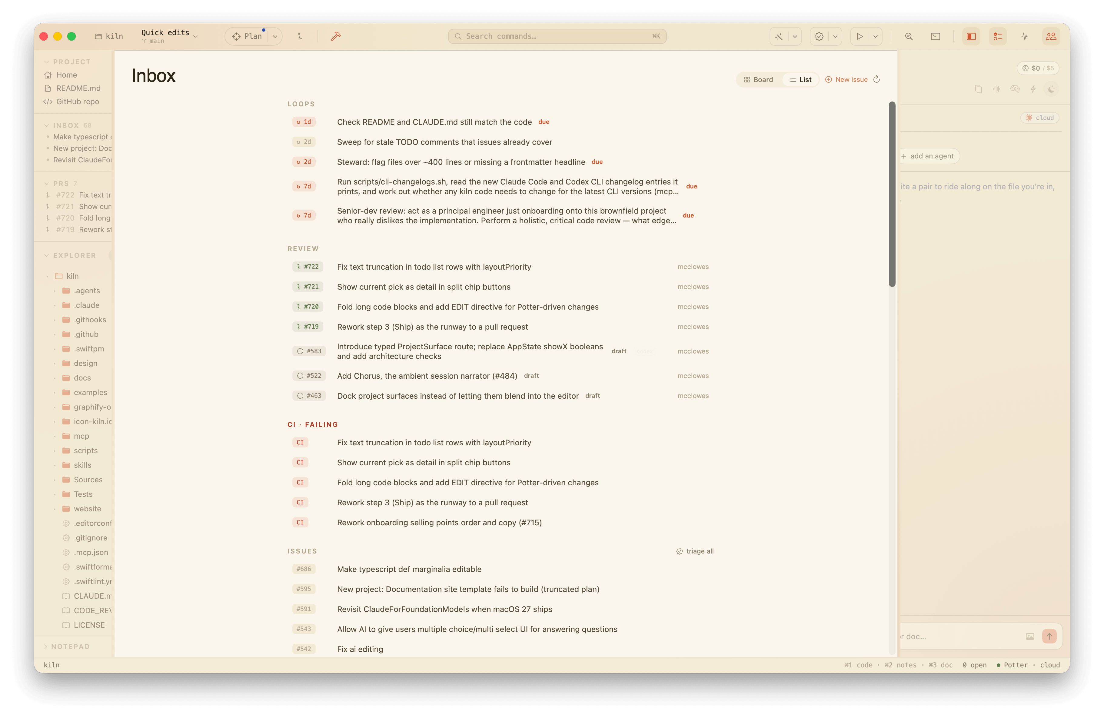 The Inbox in list view: issues, TODOs, and PRs gathered into sectioned rows under a List / Board toggle.