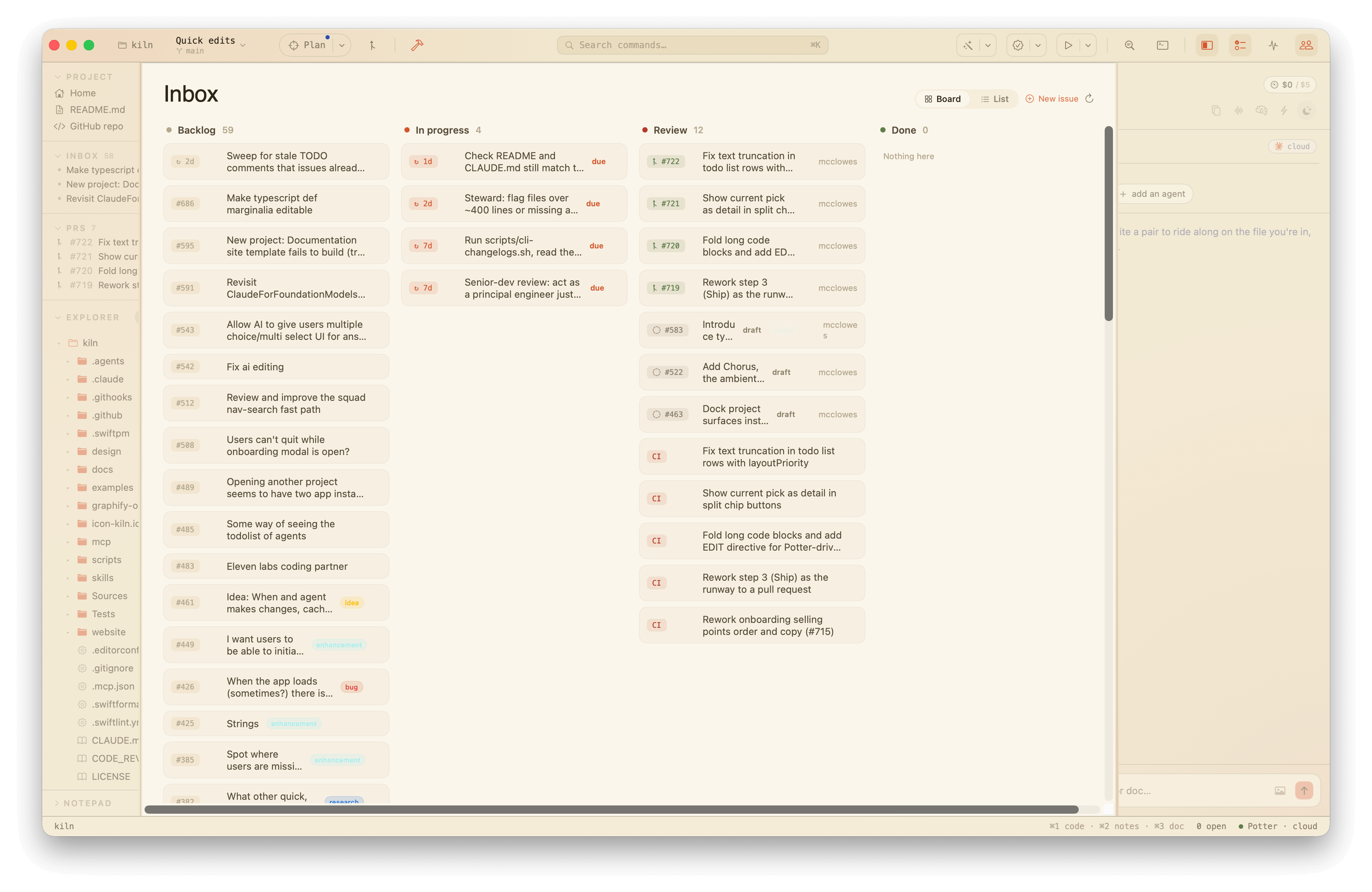 The Inbox in board view: the same signals laid out as a kanban with Backlog, In progress, Review, and Done lanes.
