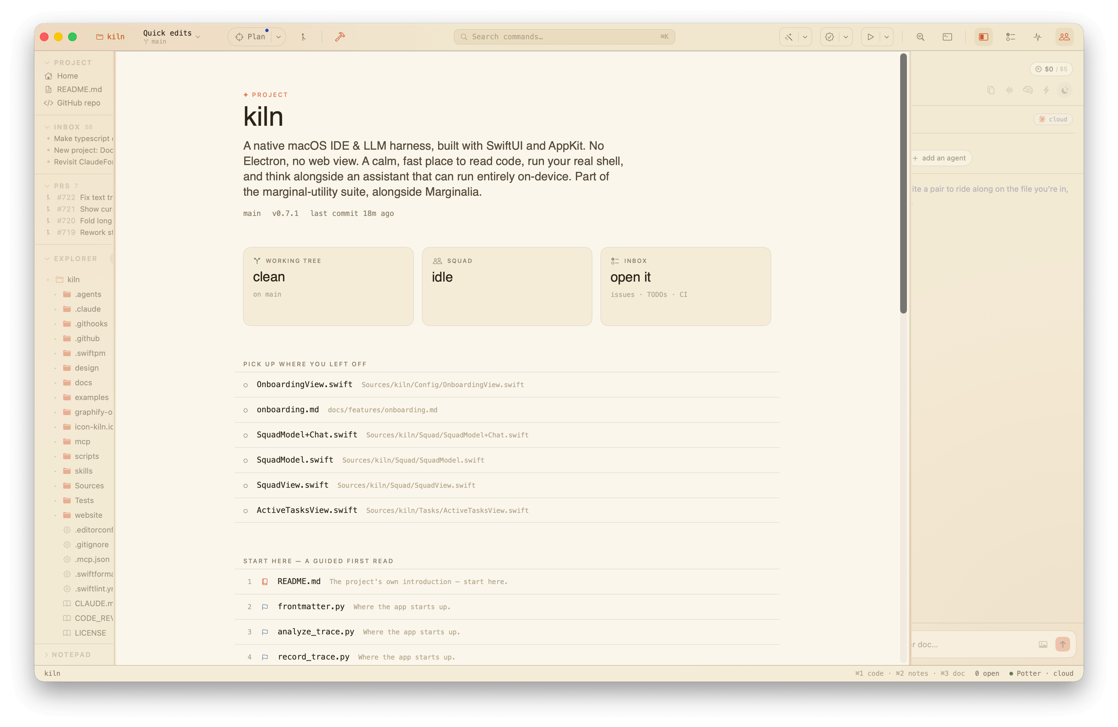 The kiln project front page: a serif title, a README headline, a live status board, and the start-here reading path.