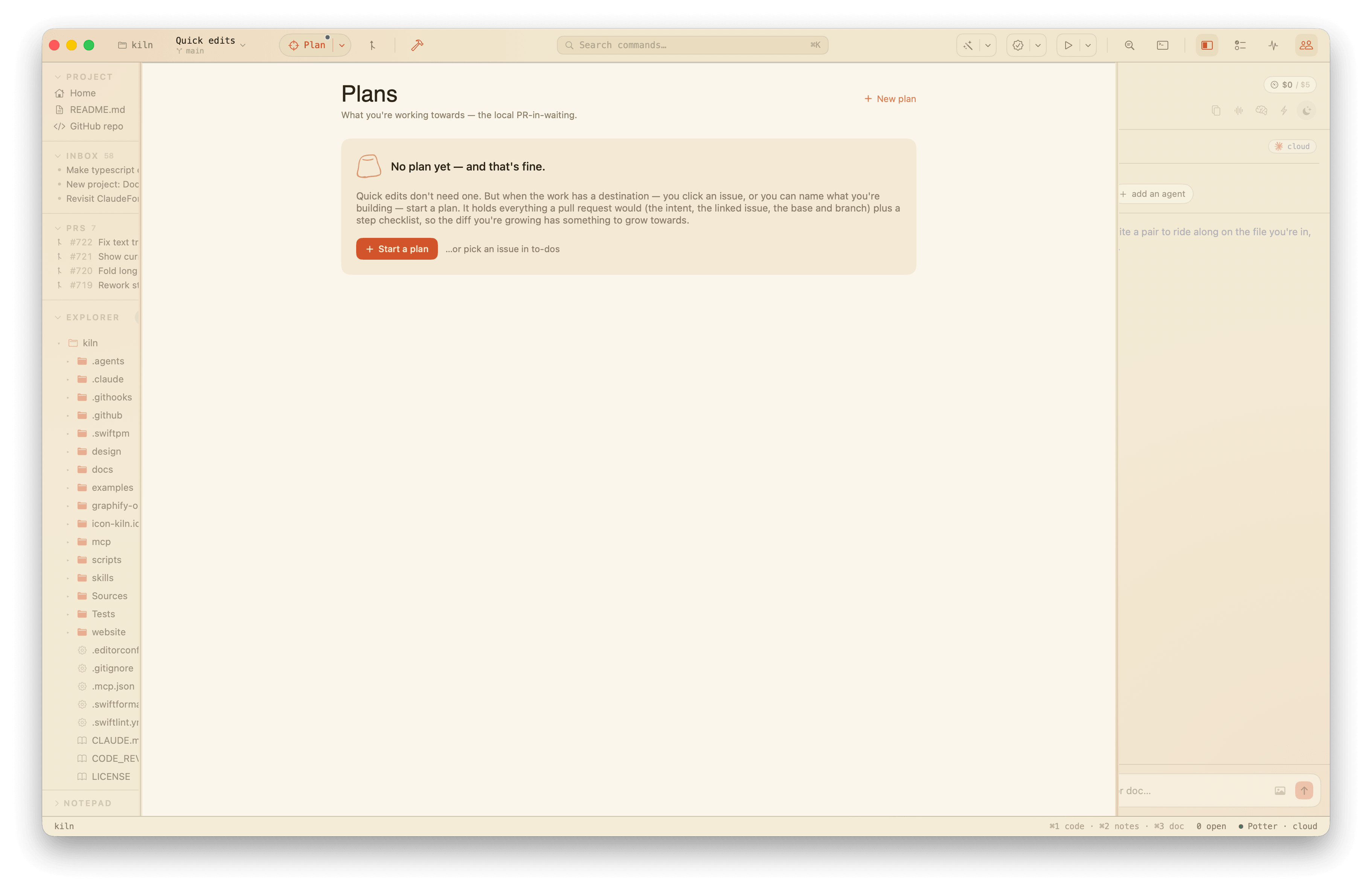 The Plans empty state: "No plan yet — and that's fine," with a Start a plan button.