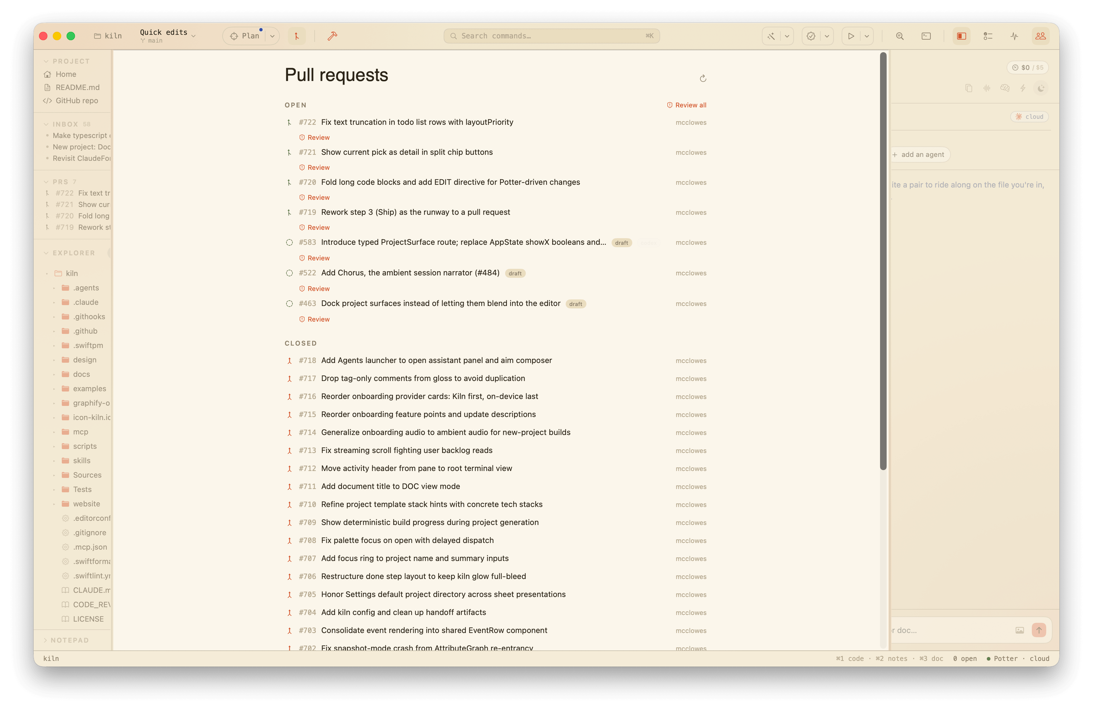 The Pull requests surface: open PRs up top with a Review button, recently-closed ones below, each with number, title, author, and state.