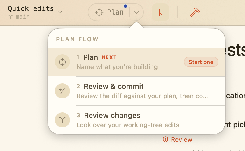 The Plan split button's dropdown: a three-step Plan flow — Plan, Review &amp; commit, Review changes — in the title bar.